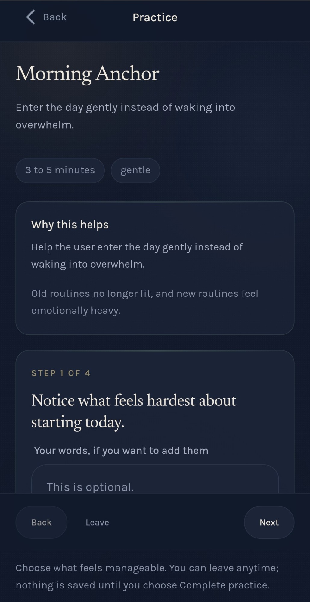 A Morning Anchor practice in progress in the WithYou app, on Step 1 of 4, asking what feels hardest about starting today, with an optional space to add your own words.